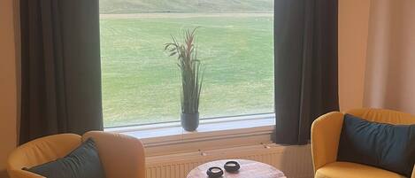 A room with two yellow armchairs, a small round table, and a view of a green field through large windows with dark curtains.