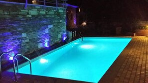 Outdoor pool, pool umbrellas, pool loungers