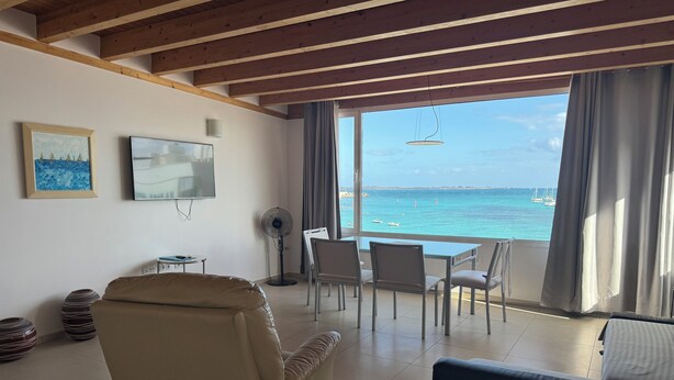 A living room with a view of the sea, a TV, and a fan.