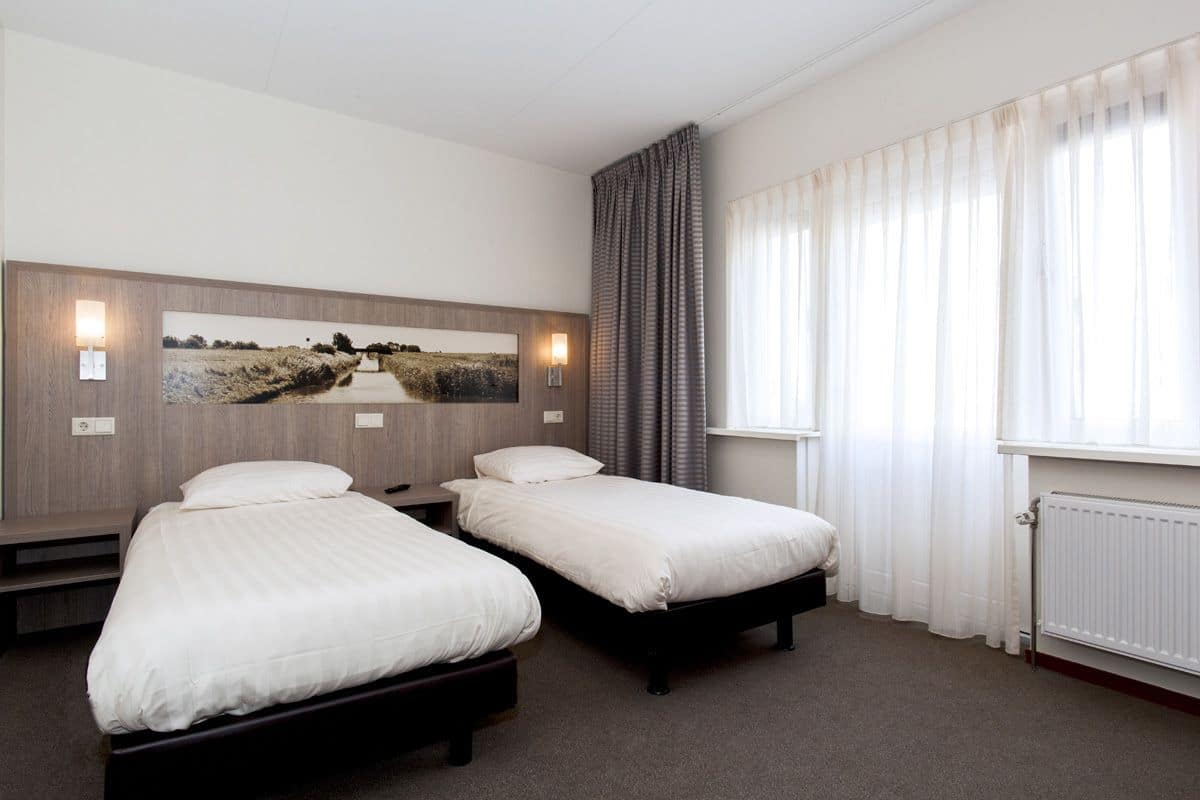 Habitación de hotel con dos camas individuales, un cuadro de paisaje grande en la pared, una ventana con cortinas translúcidas y una lámpara fijada a la pared.