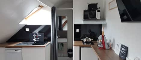 A compact kitchen with a built-in dishwasher, a microwave, and a stove.