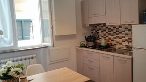 Una cocina compacta con ventana, radiador, lavamanos y refrigerador.