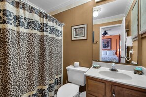 A bathroom with a leopard print shower curtain, a toilet, a sink with a mirror, and a framed picture on the wall.