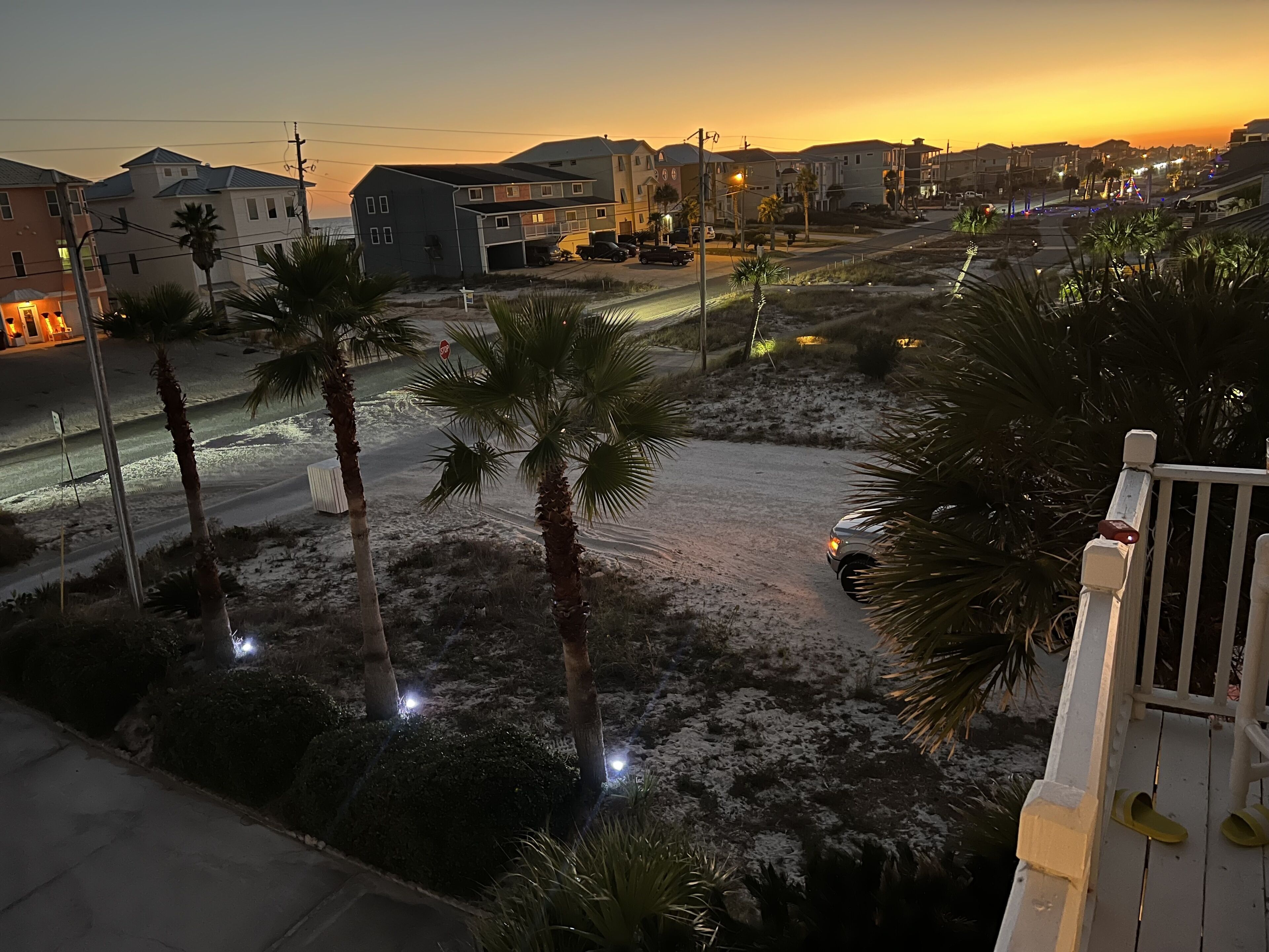 A residential area with houses, a road, and palm trees.