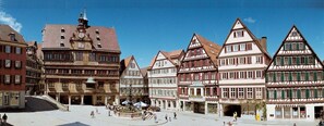 A traditional European town square with historic half-timbered buildings, a central fountain, and a clock tower.