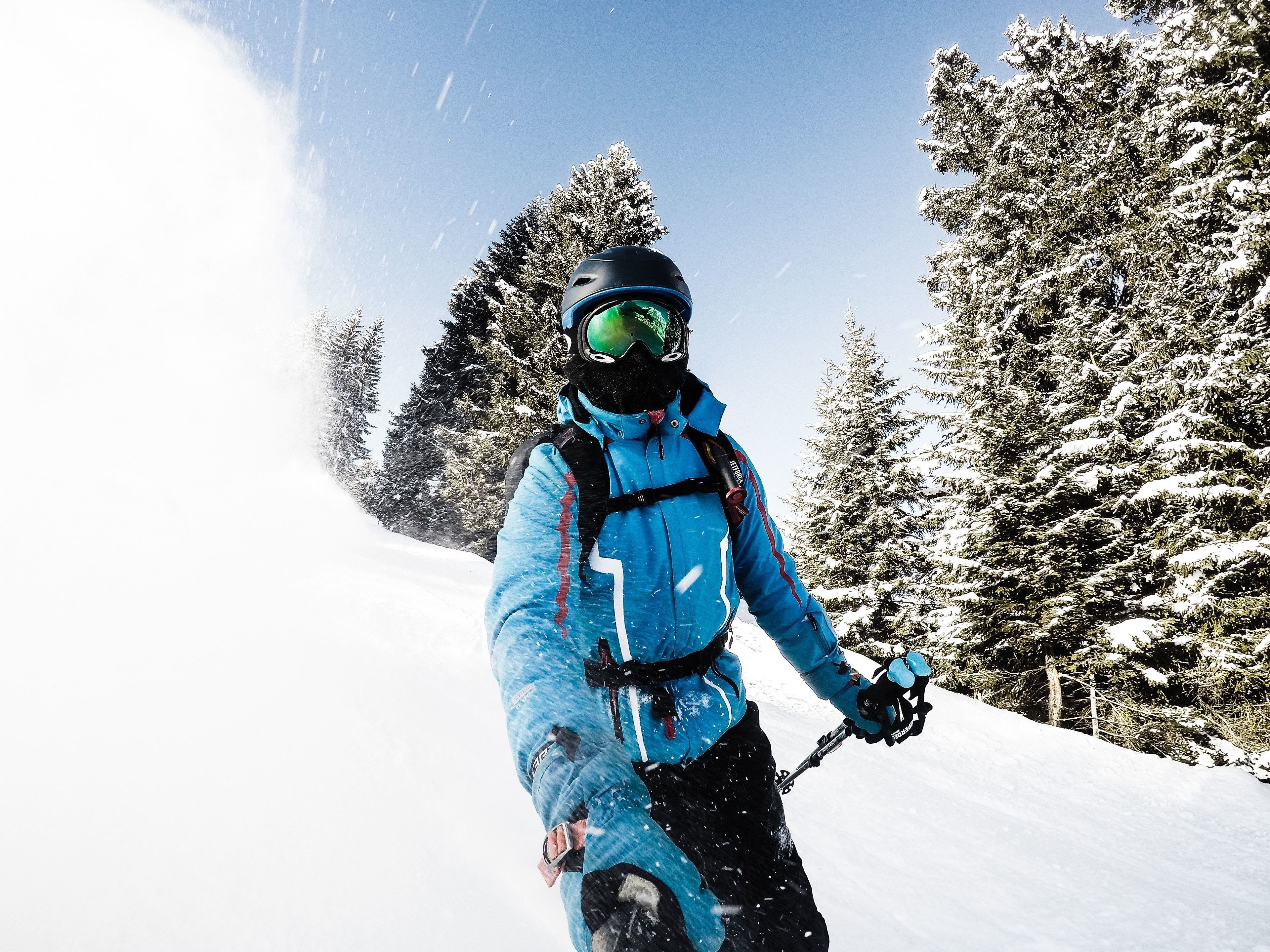A person skiing on a snowy slope with trees in the background.