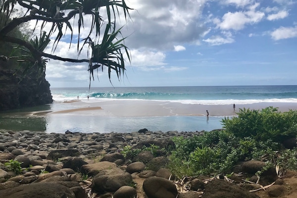 Plage à proximité, chaises longues, serviettes de plage