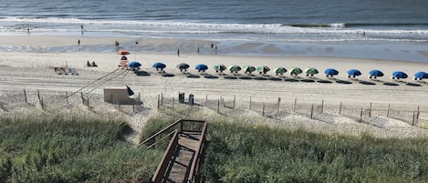 On the beach, sun loungers