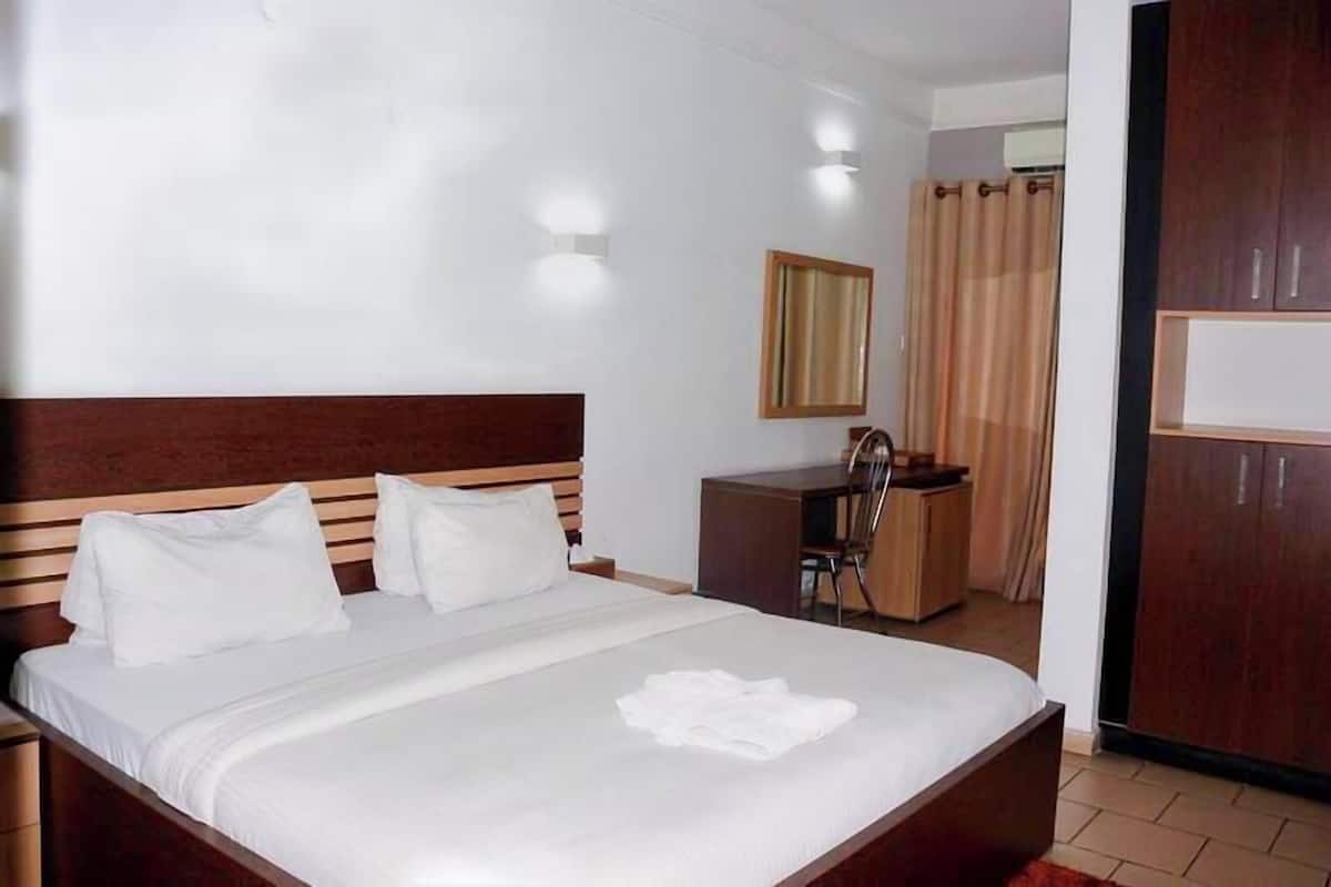 Una habitación de hotel con cama, escritorio, silla y armario.