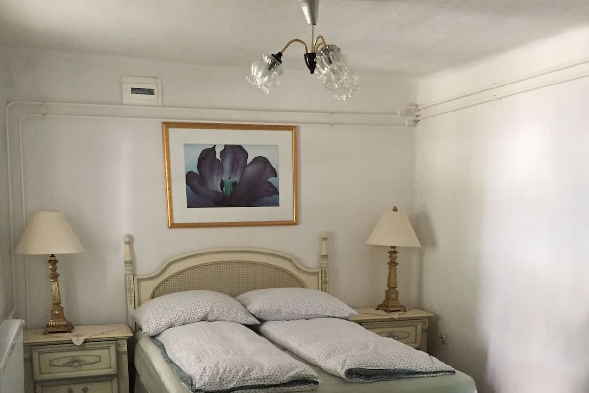 A bedroom with a bed, two bedside tables, a nightstand, a chair, a floral-patterned rug, a wall-mounted picture, and a ceiling light fixture.