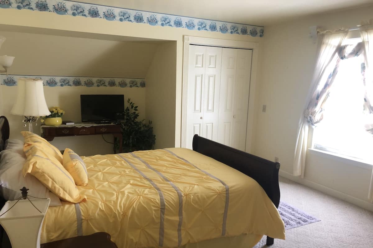 A bedroom with a bed, a desk, a television, and a door.