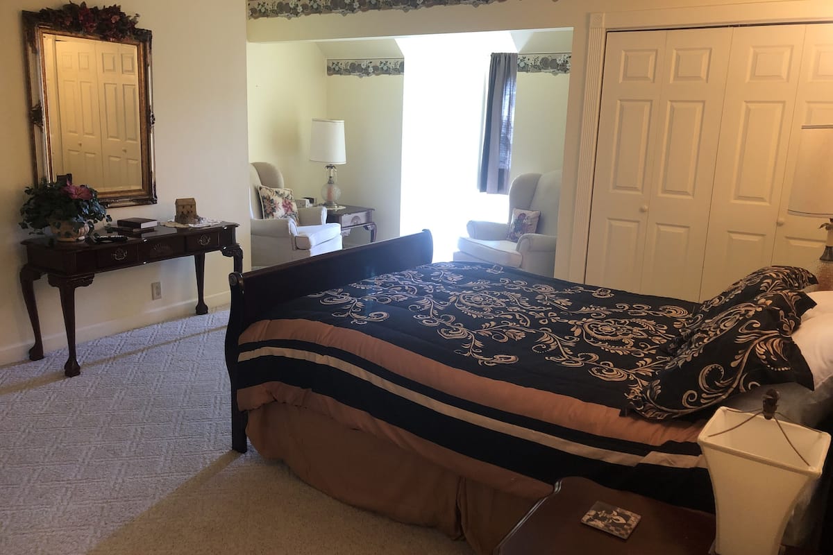 A bedroom with a bed, a dresser, a mirror, and a door.