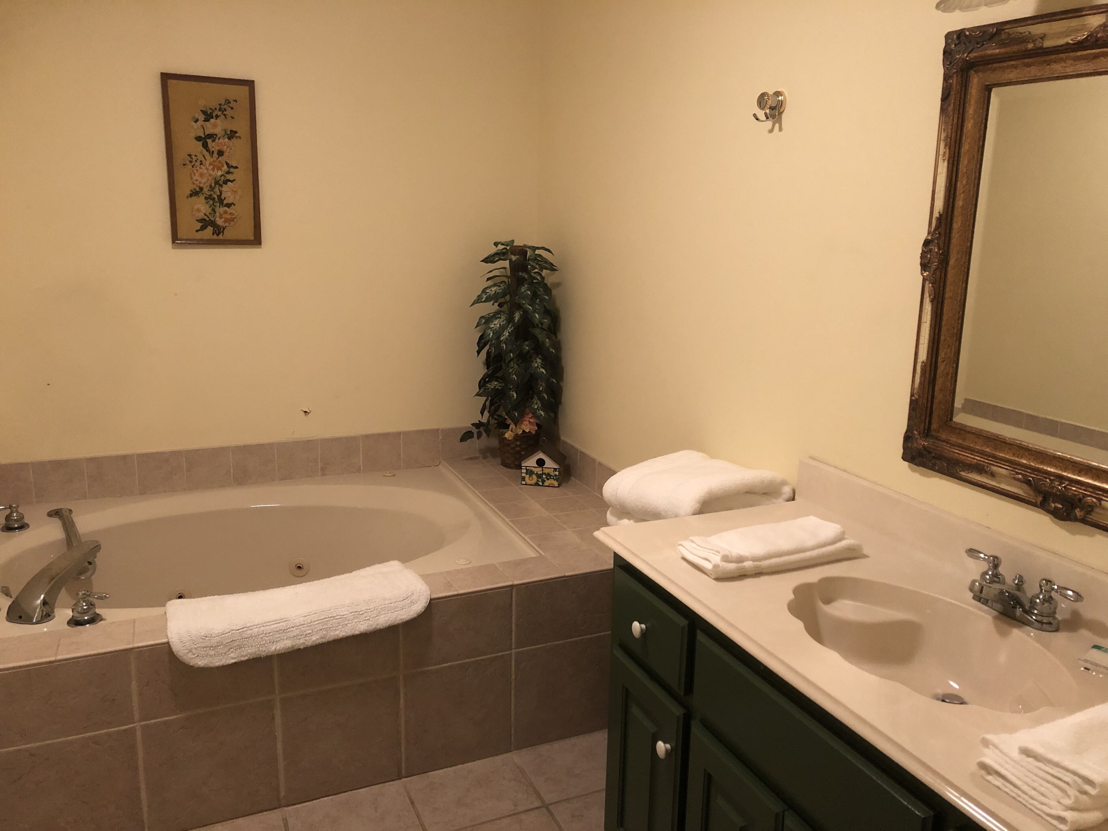 A bathroom with a bathtub, two sinks, a mirror, a potted plant, and a framed picture on the wall.