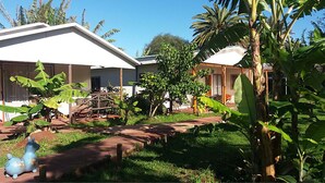 Een bungalow met een overdekte patio, omgeven door weelderige begroeiing en bananenplanten.