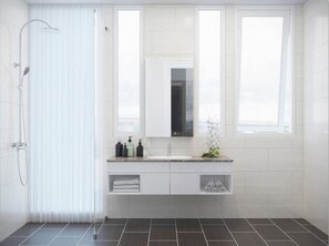 Shower, free toiletries, hair dryer, slippers