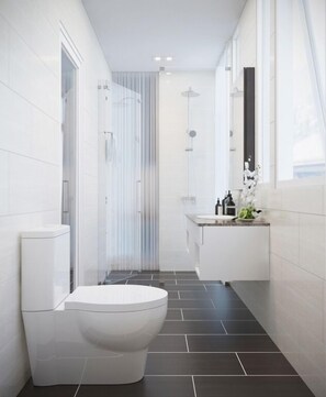 Shower, free toiletries, hair dryer, slippers