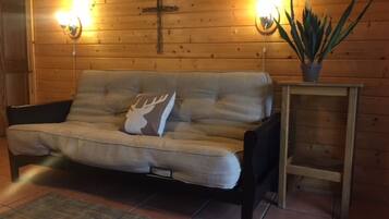 Cabin, 2 Bedrooms | Living room | Flat-screen TV, fireplace