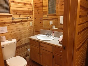 Une salle de bain rustique, aménagée dans une cabane en bois, avec des toilettes, un lavabo et des placards.