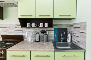 Apartment, Balkon | Eigene Küche | Kühlschrank, Herdplatte, Wasserkocher, Kochgeschirr/Geschirr/Besteck