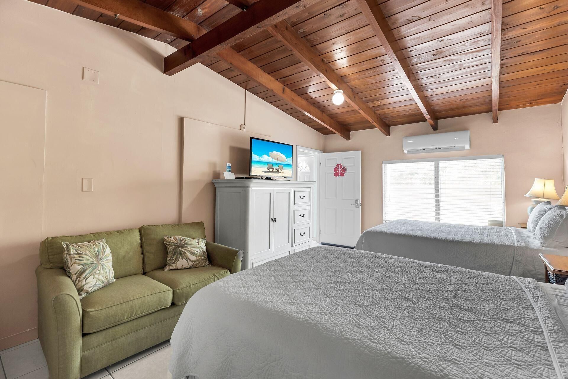 Una habitación con un sofá verde, una cama, un televisor sobre un mueble, una puerta decorada con un adhesivo floral y una ventana con persianas.