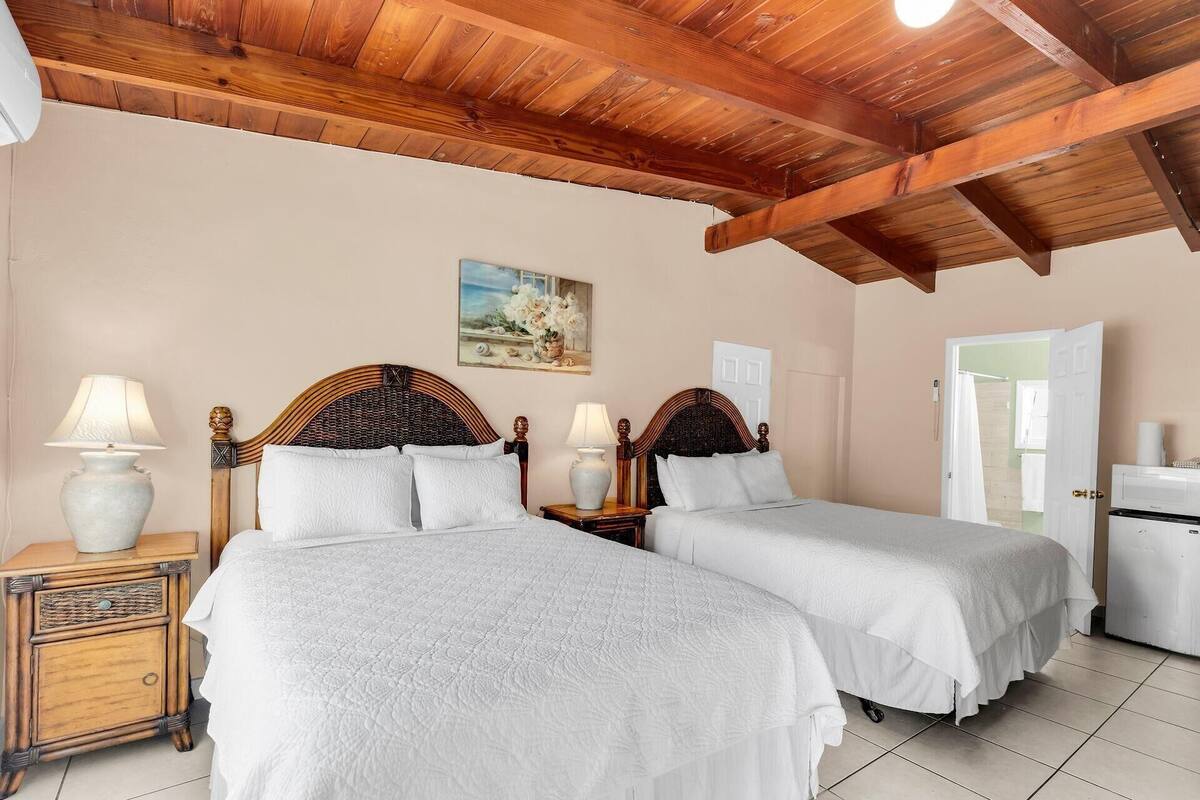 A bedroom with two beds, wooden headboards, a painting on the wall, a white door, and a small white appliance.