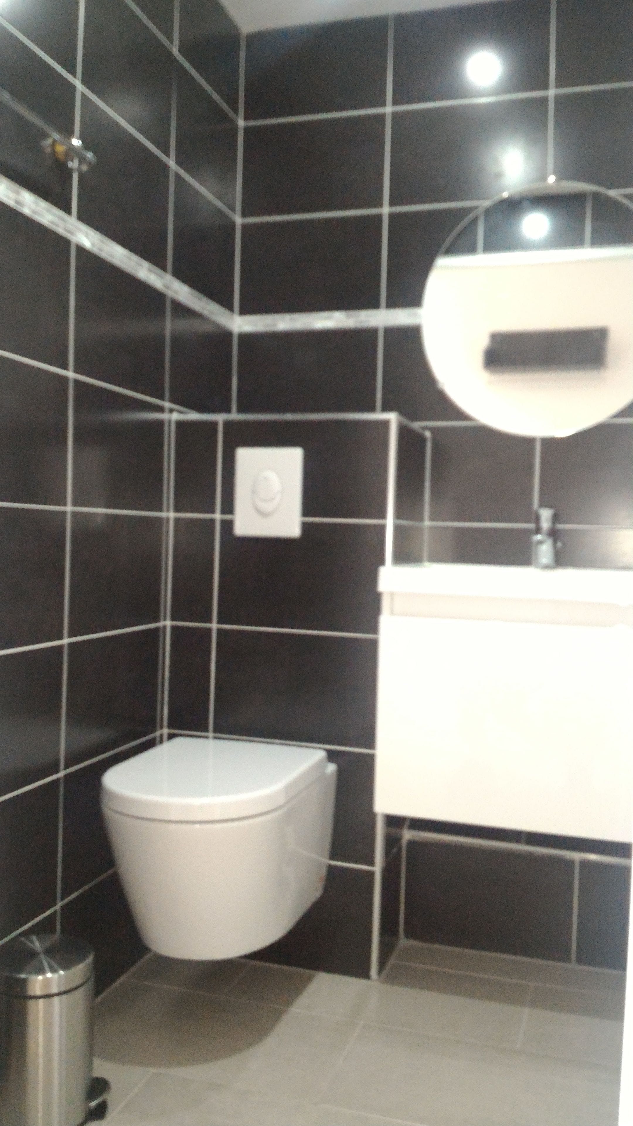 A bathroom with black tiled walls, a white toilet, a sink with a mirror, and a trash bin.