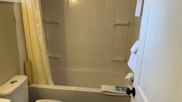 A bathroom with a toilet, bathtub, and shower curtain.