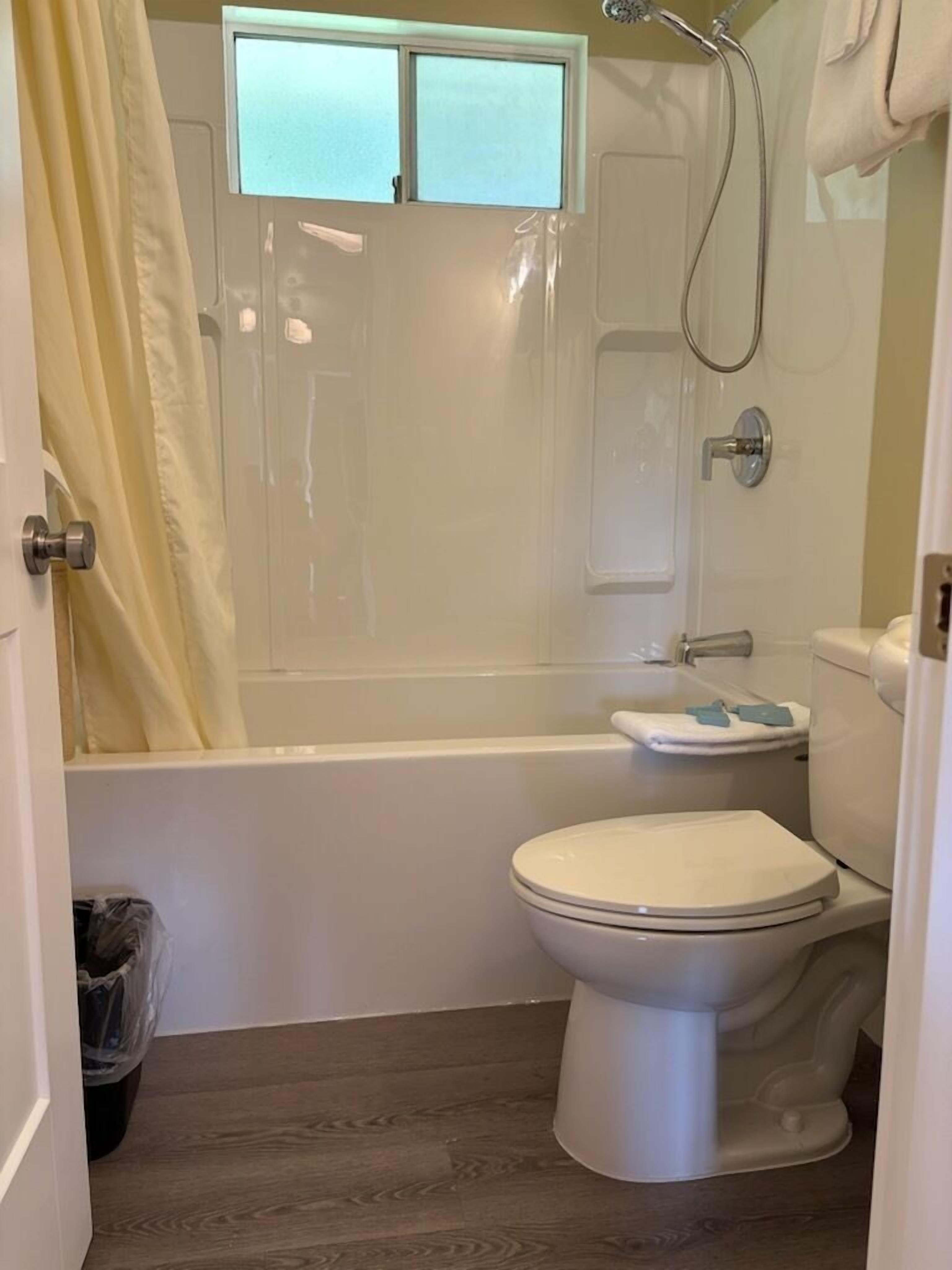 Een badkamer met toilet, douche en bad.