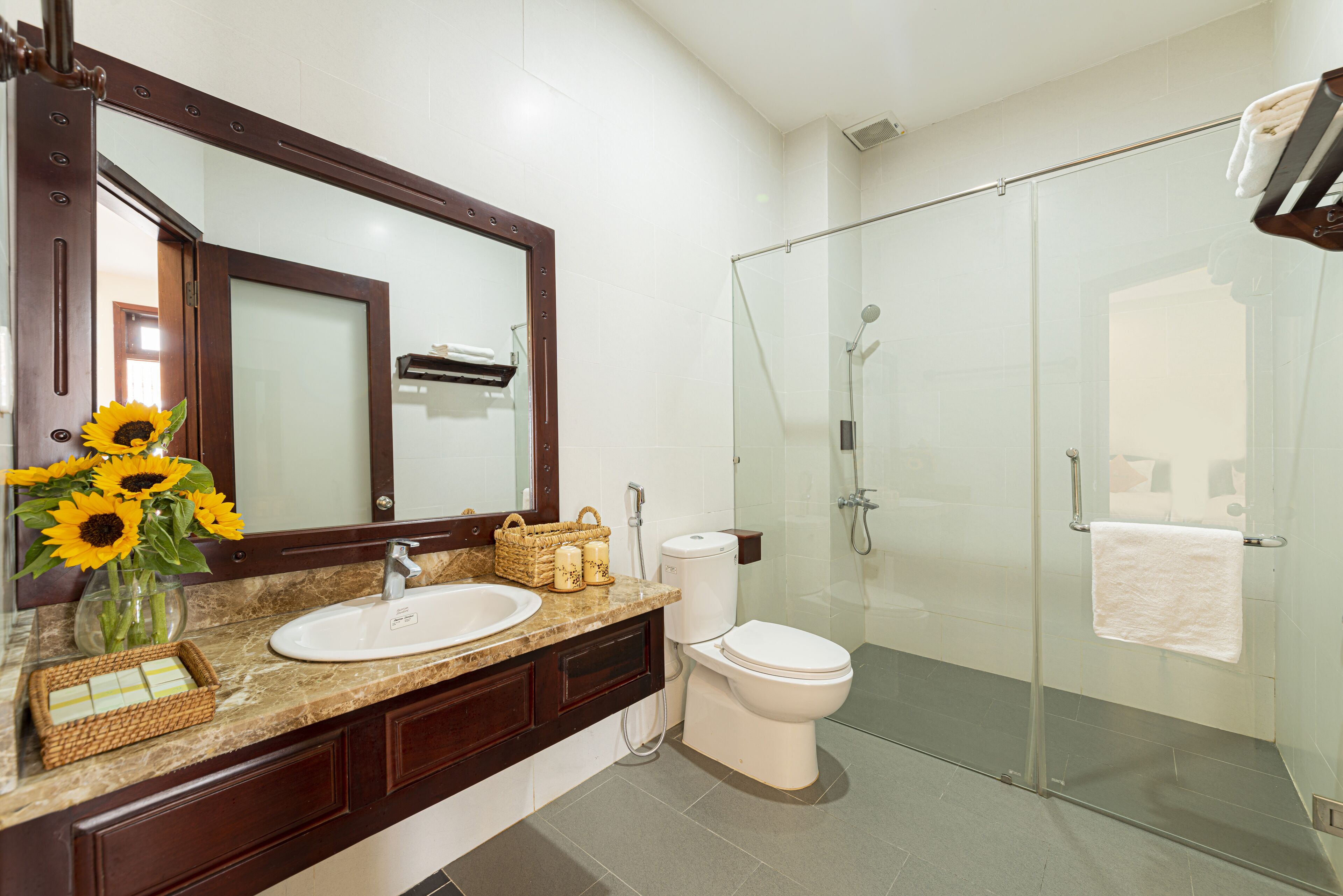 free toiletries, hair dryer, slippers, towels