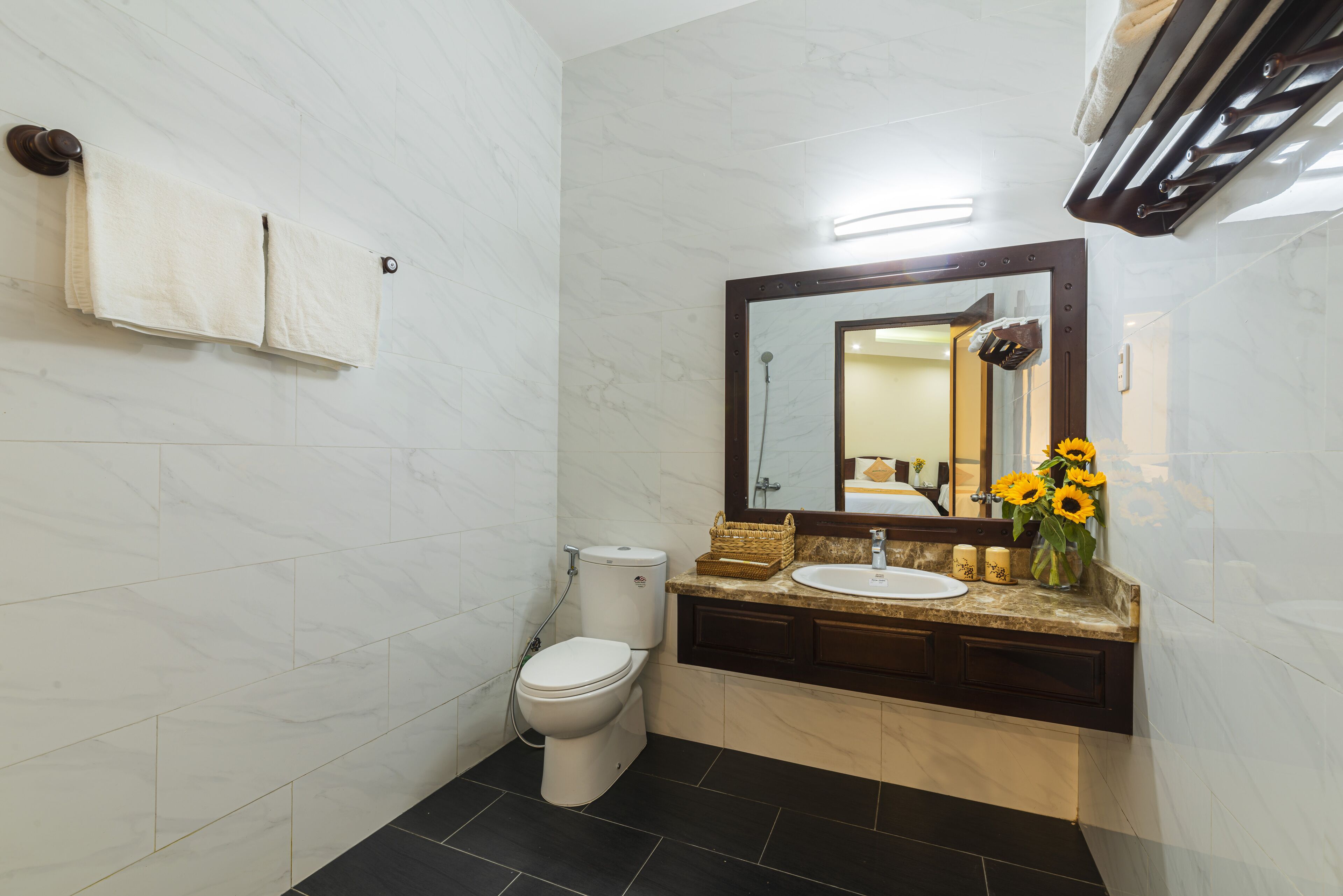 free toiletries, hair dryer, slippers, towels