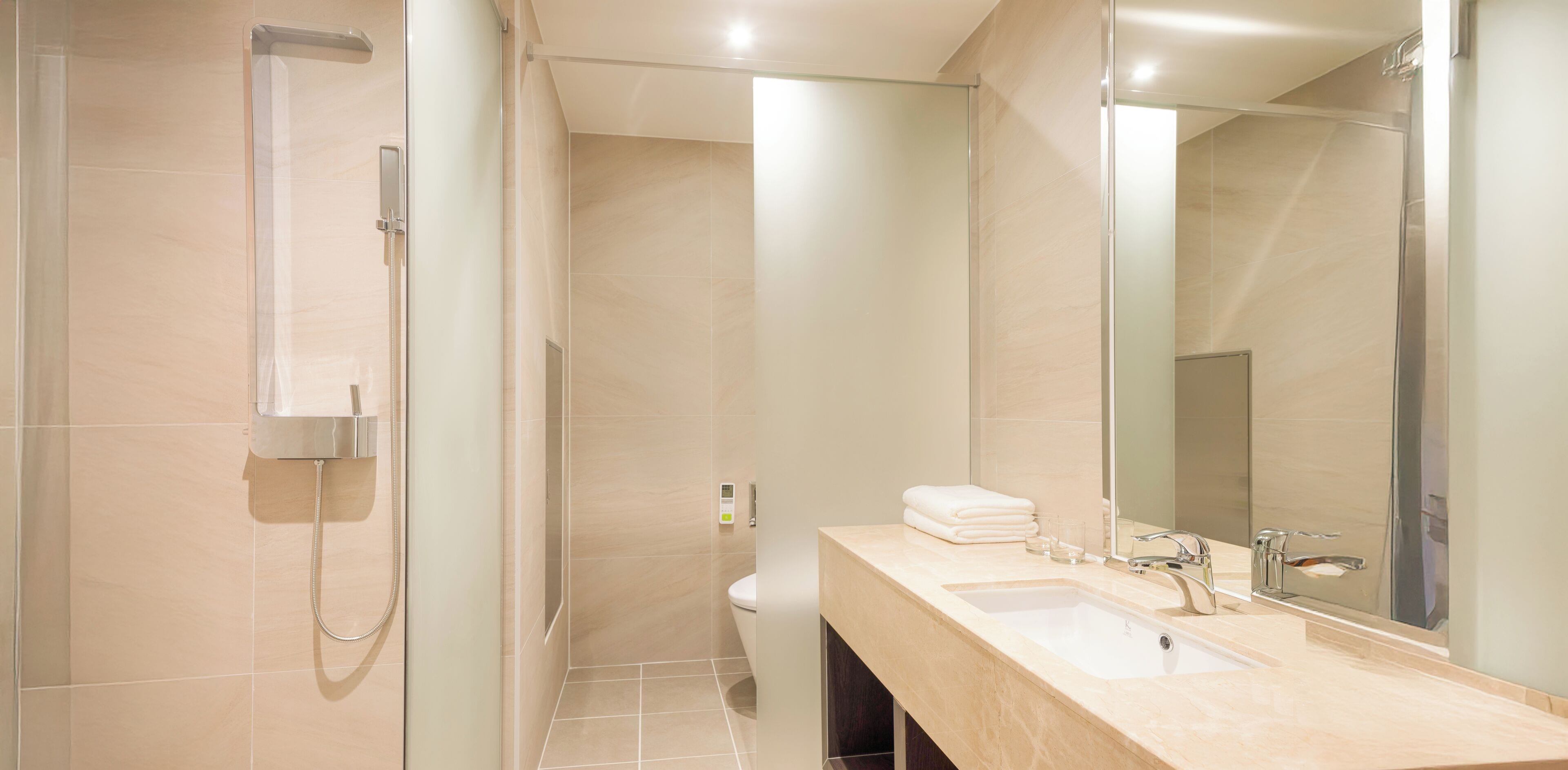 A modern bathroom with a shower, toilet, and a sink with a mirror.