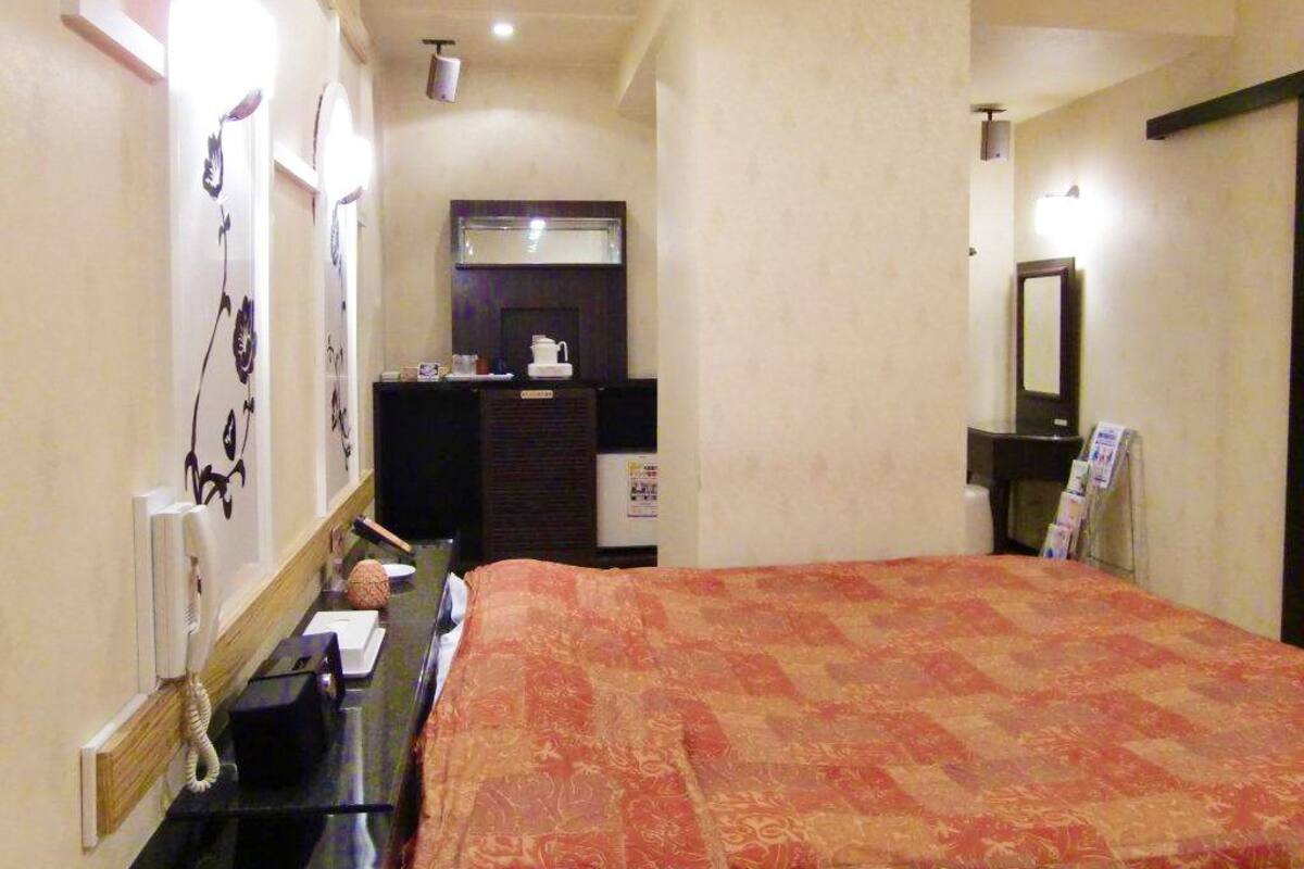 Una habitación de hotel con una cama, un escritorio con teléfono, un espejo y un calentador en la pared.