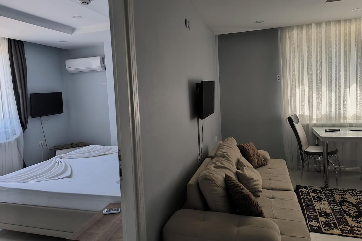 Desk, laptop workspace, blackout curtains, soundproofing