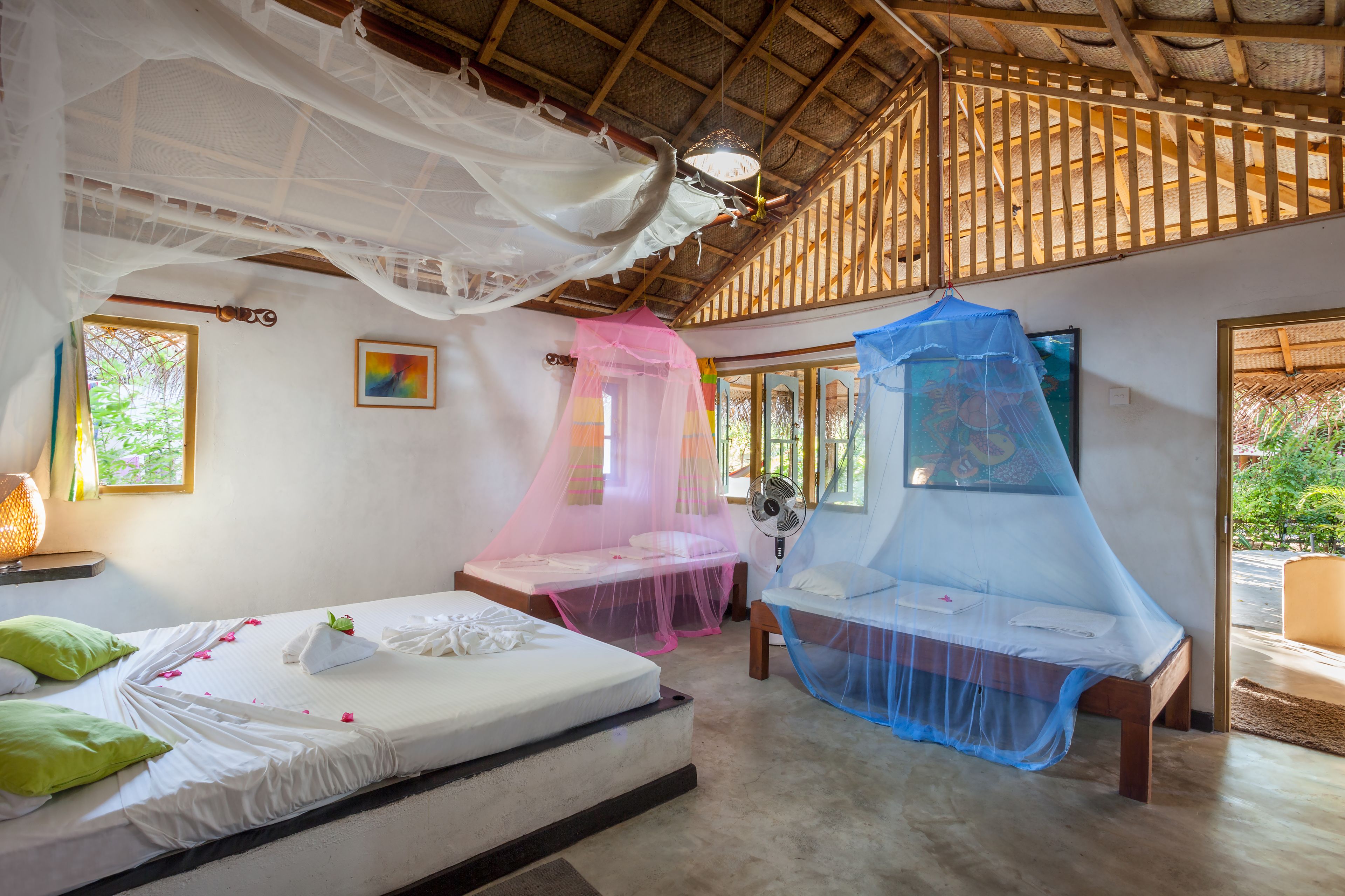 A room with two beds, each covered with a mosquito net. There are windows with wooden frames, a ceiling fan, and a painting on the wall.