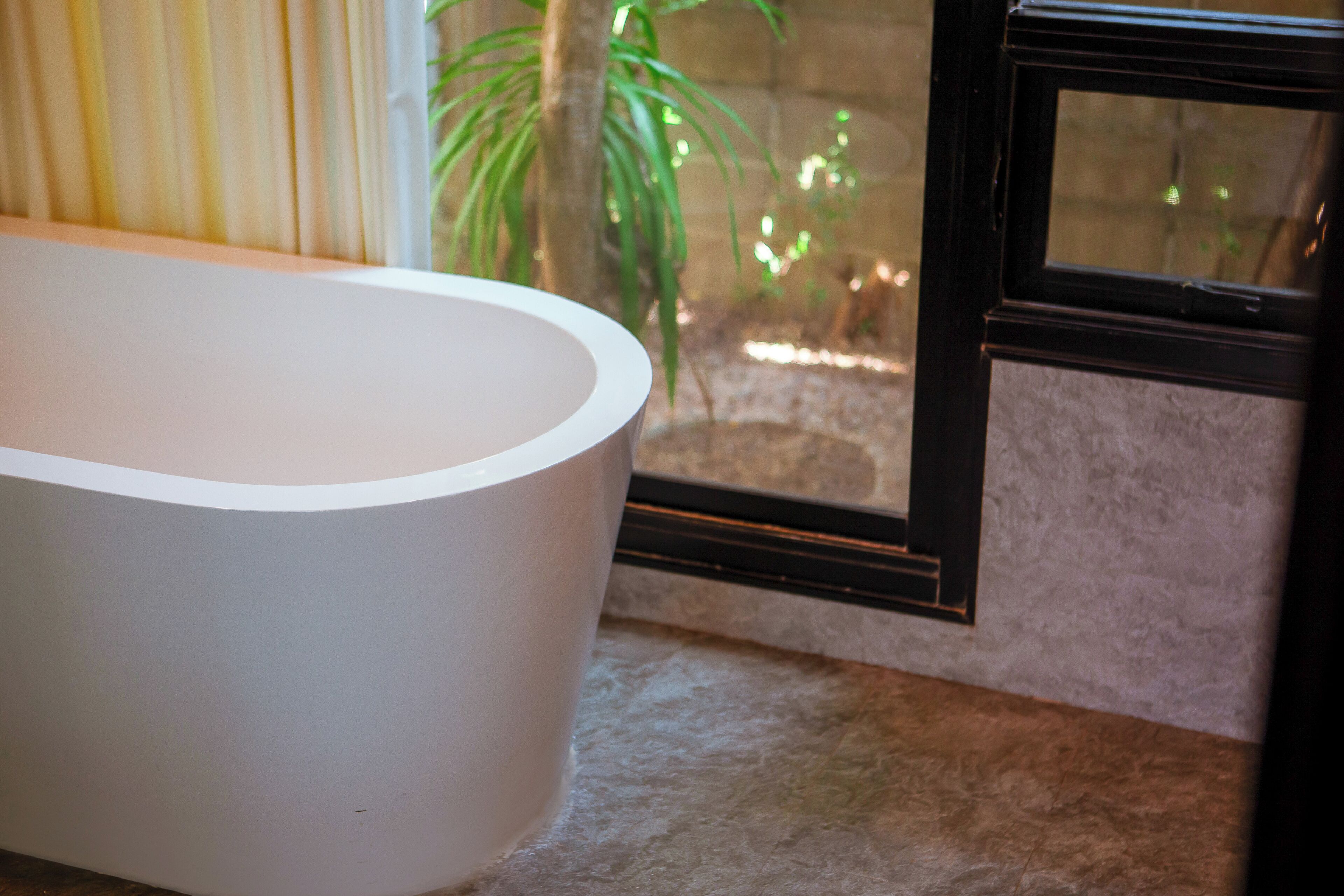 A bathtub in a bathroom with a view of a plant outside through a window.