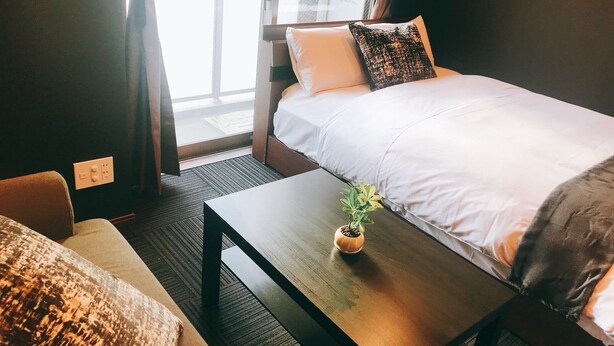 Una habitación de hotel con una cama, una mesita con una planta, un sofá y una ventana con cortinas.