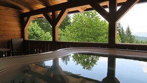 Un bain à remous avec vue sur les arbres et les montagnes, grâce à de grandes fenêtres.