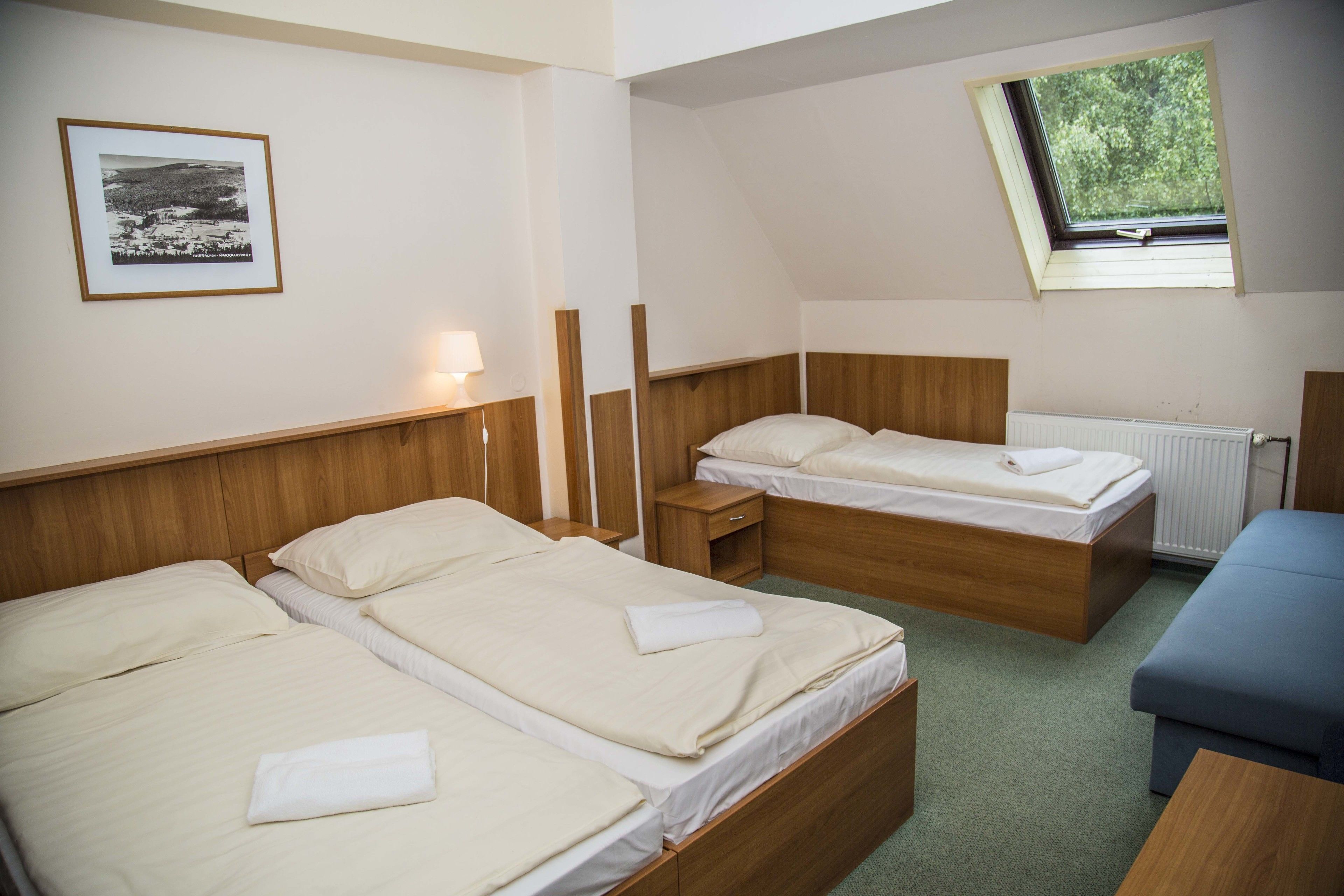 A hotel room with two beds, a window with a view of greenery, a framed picture on the wall, and a small table.