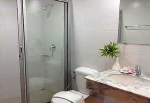 Shower, free toiletries, hair dryer, slippers
