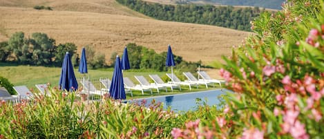 Outdoor pool, pool umbrellas, sun loungers