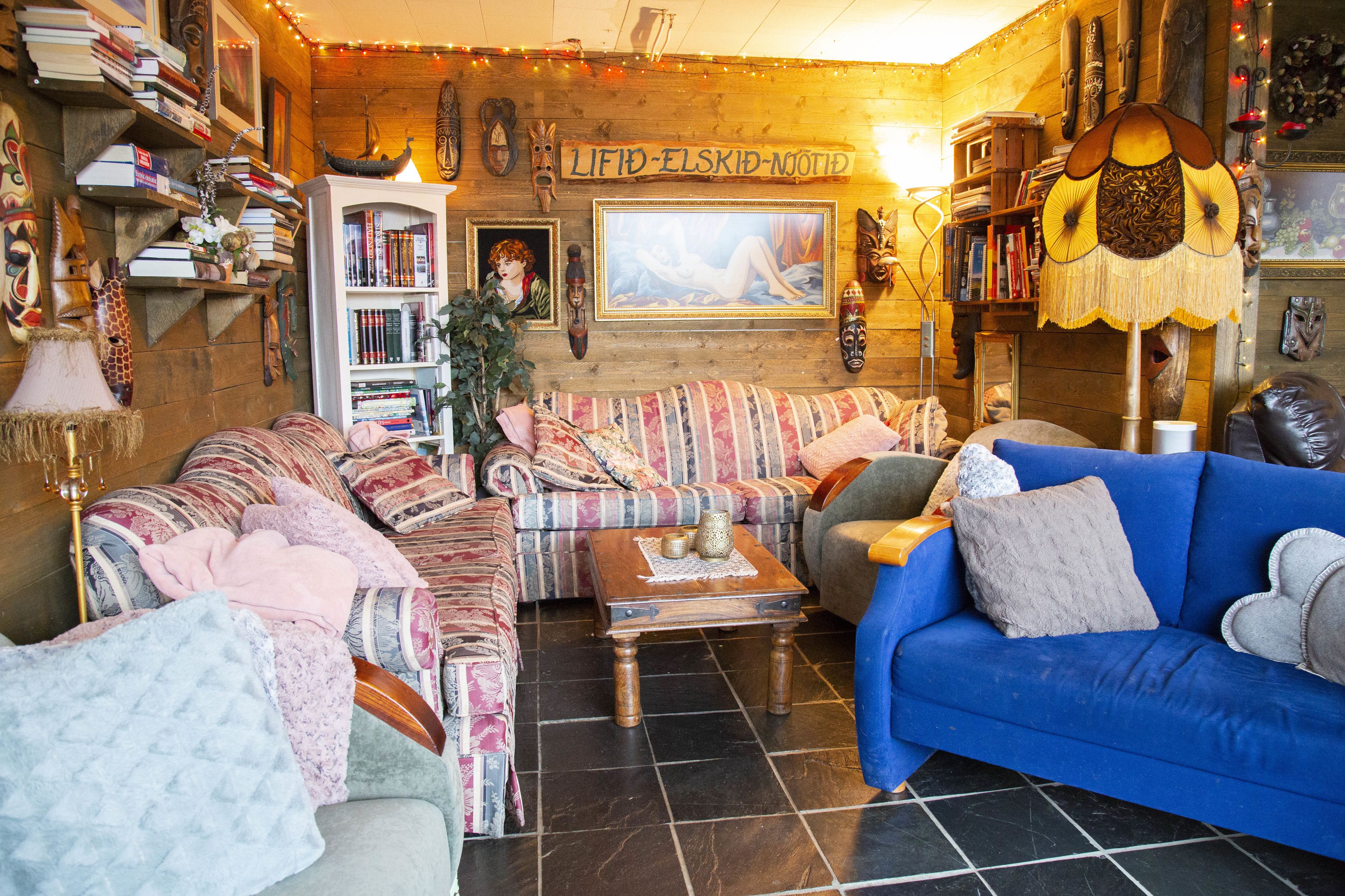 Una sala de estar acogedora con un sofá, un sofá azul y una estantería llena de libros.