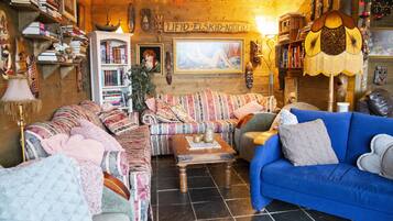 Una sala de estar acogedora con un sofá, un sofá azul y una estantería llena de libros.