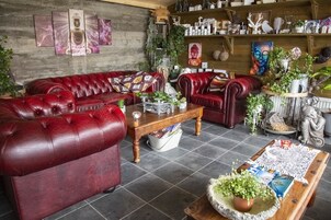 Una sala de estar acogedora con sofás de cuero rojo, una mesa de centro de madera y varios objetos decorativos, como plantas y obras de arte.