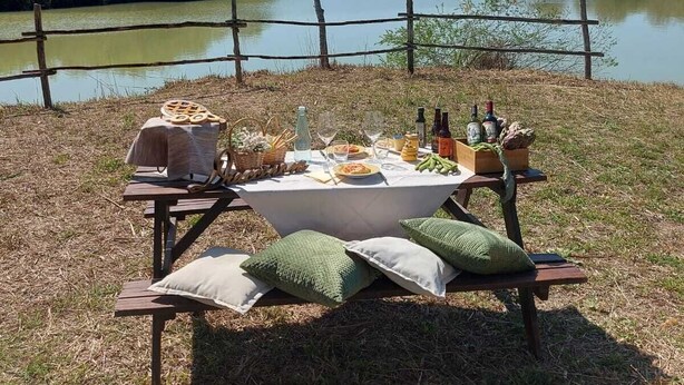 A picnic setup with a table set outdoors near a body of water, surrounded by a wooden fence and a tree. - Agriturismo Panieracci (Volterra)