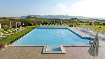 Seasonal outdoor pool, pool umbrellas, pool loungers