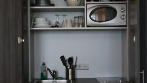 Pieni, käytännöllinen keittiö, jossa on mikroaaltouuni, liesi ja pesuallas.