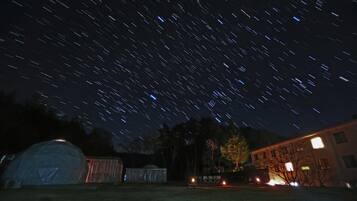 A starry night sky over a residential area with a dome-shaped structure, a building with illuminated windows, and a tree.