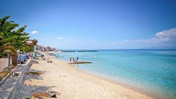 On the beach, sun-loungers, beach umbrellas