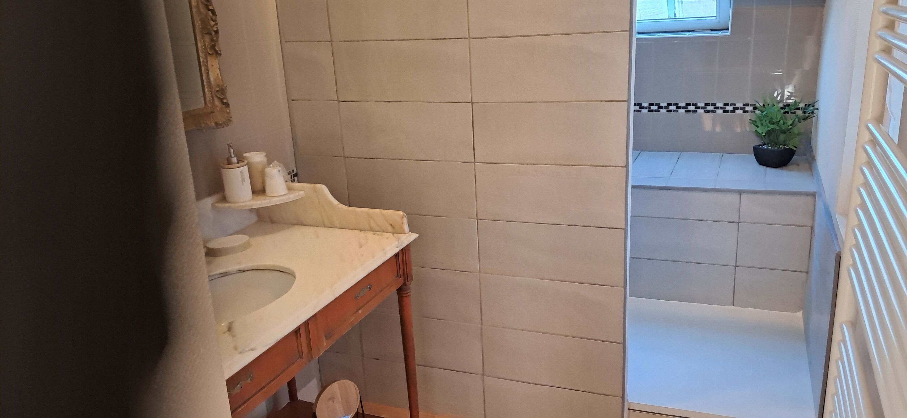 A bathroom with a marble sink, a wooden vanity, a mirror, and a potted plant.