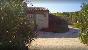 A rustic building with a tiled roof, surrounded by greenery and a cobblestone path. - Le Mazet De La Dame (Barbentane)